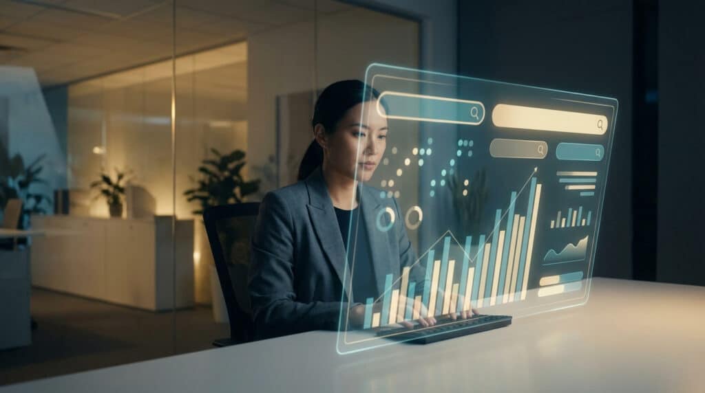 Jeune consultante SEO asiatique analyse des données sur un écran holographique avec graphiques et barres de recherche.