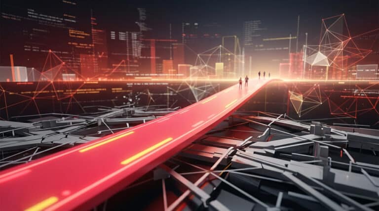 Image conceptuelle d'un chemin rouge lumineux vers un paysage numérique futuriste avec des silhouettes de personnes et des données. Représente l'évolution du SEO.