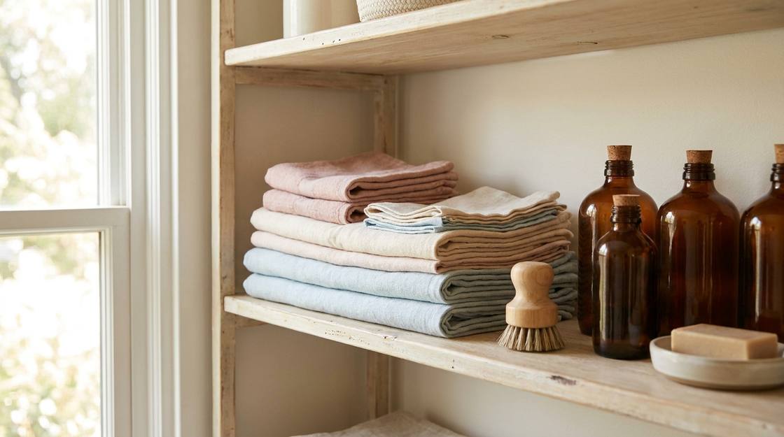 Linge repassé et produits d'entretien doux préparés par une aide ménagère