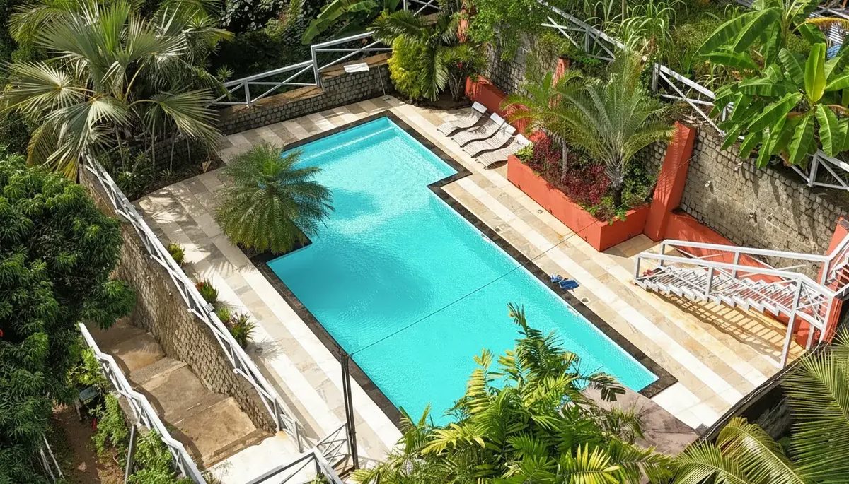 Piscine de l’appart-hôtel La Colombine à Sainte-Marie, vue du ciel
